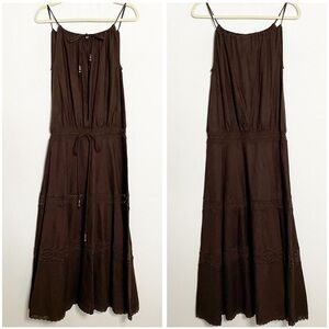 Moda International 100% Linen Boho Beachy Keyhole Crochet Inserts Midi Dress